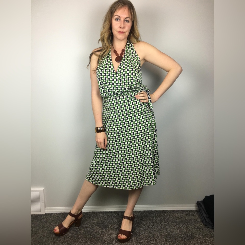 [M] 70’s Style Green and White Wrap Dress